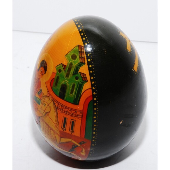 Rare Russian Orthodox St. George the Victorious Wood Egg Hand Painted Vintage - Picture 5 of 9